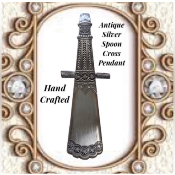 Vintage Cross Pendant Large Crucifix Handmade Antique Silver Spoon Jewelry - Picture 1 of 16